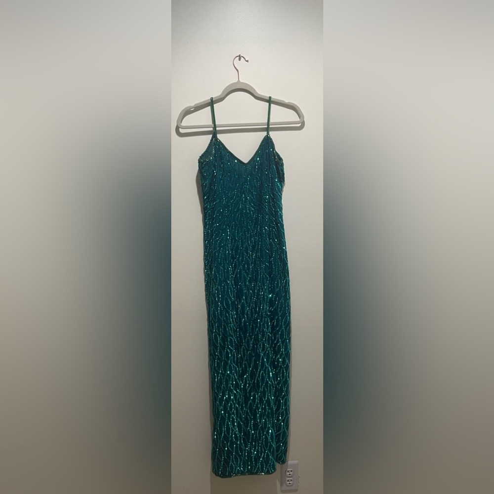 Vintage Laurence Kazar Sequin Dress Emerald Green 100% Silk Beaded Size PS